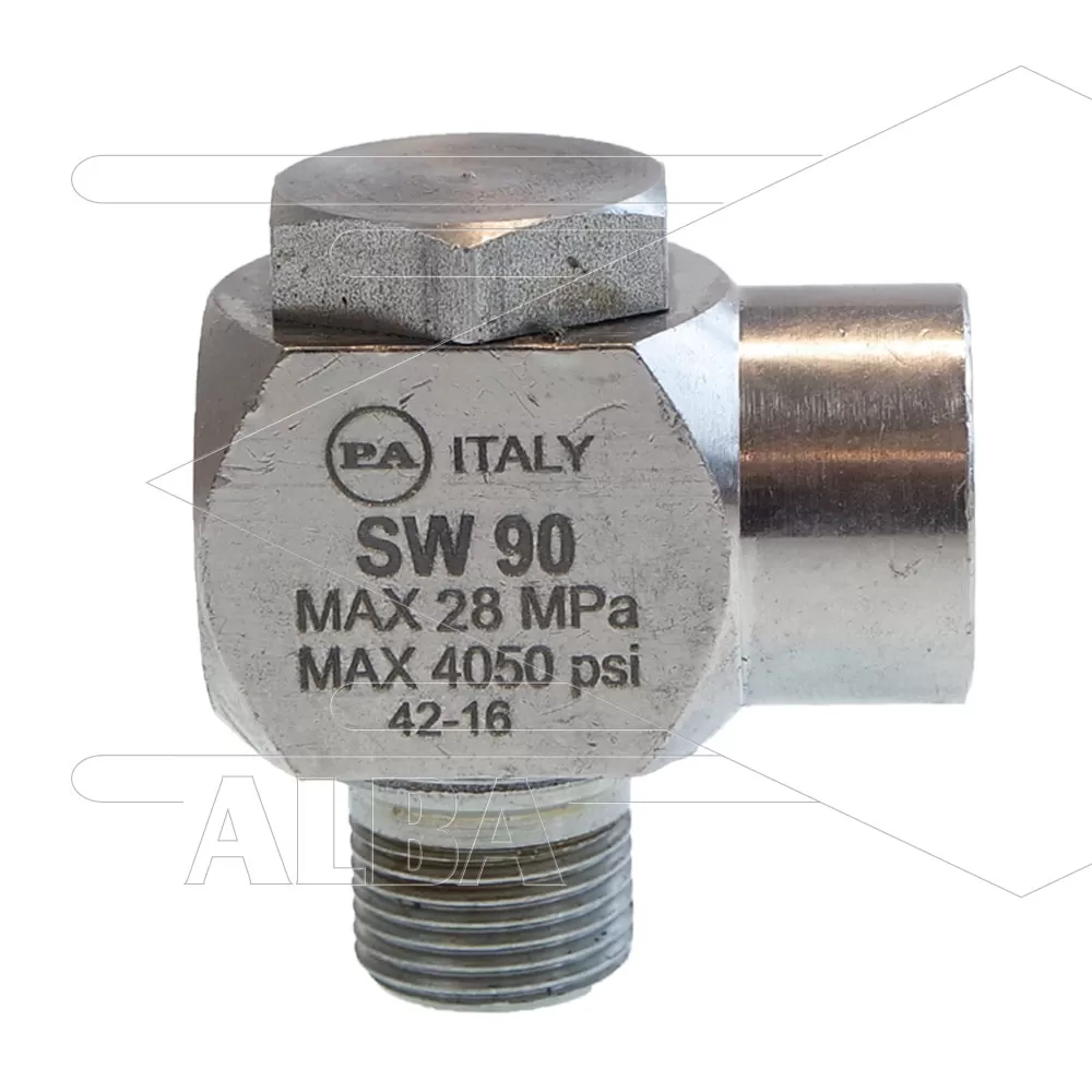 SW90 - Swivel - haaks - Messing / RVS - 250 Bar - 40 l/min - max 90°C - 30 tpm - 3/8" bu x 1/4" bi - Afbeelding 1