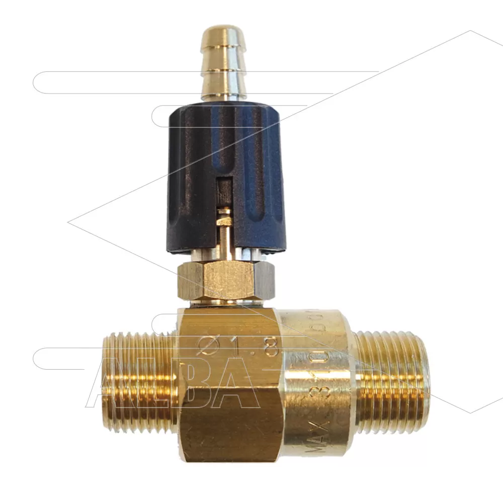 Chemicaliën injector - messing - regelbaar - Ø1.8mm (090) - 280 Bar - 30 l/min - 2 x 3/8 bu - Afbeelding 1