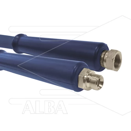 Hogedrukslang – 2SC - DN10 (3/8") – blauw – 400 Bar – Ø17 mm – 150°C - 2,5m - 3/8"bu RVS x 1/2"W RVS - 1x KBS - Afbeelding 1
