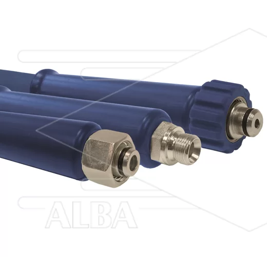 Hogedrukslang – 2SC - DN08 (5/16″) – blauw – 400 Bar – Ø16,3mm – 150°C - 20m - M22x1,5 W vlak x Ø11mm RVS nippel met lager - 1x KBS - Afbeelding 1