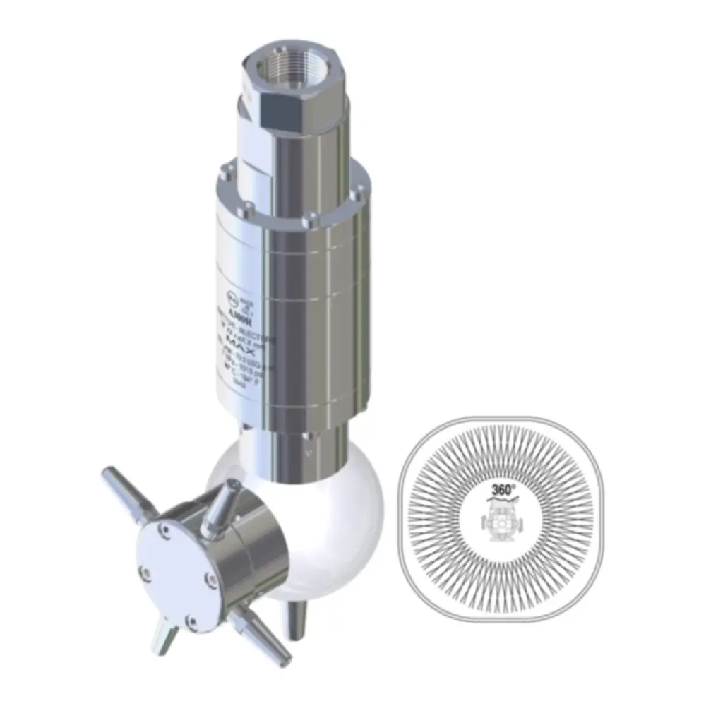A300R - tankreiniger - RVS303 - 30 tot 70 Bar - 180 l/min - 8 x 5,7mm injectors - exclusief nozzles - nozzle type: 4 x 1/4" Npt - inlaat 1 1/4" bi - min. invoerdoorlaat Ø183mm - Afbeelding 1